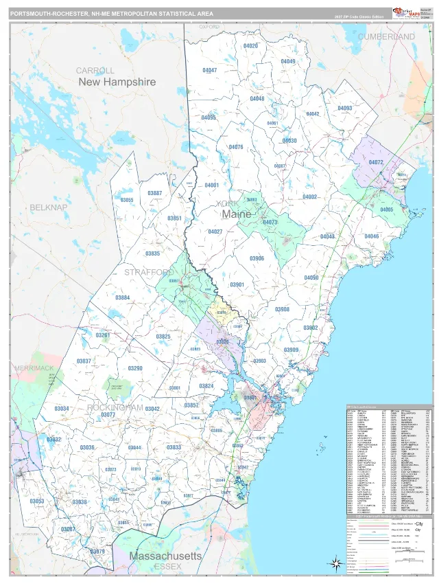 Portsmouth-Rochester Metro Area ZIP Code Wall Map, Classic style