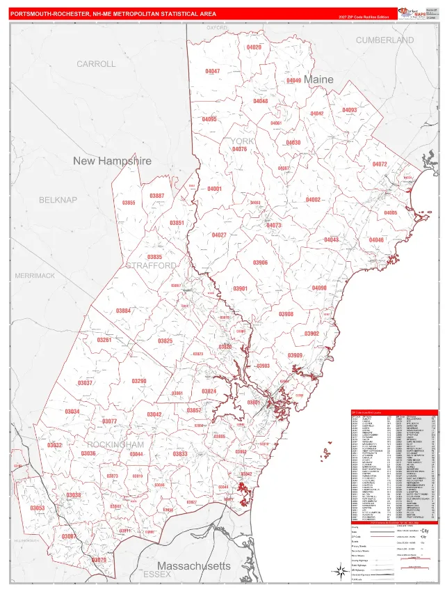 Portsmouth-Rochester Metro Area ZIP Code Wall Map, RedLine style