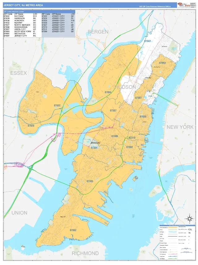 Jersey City Metro Area ZIP Code Wall Map, Business Reference style