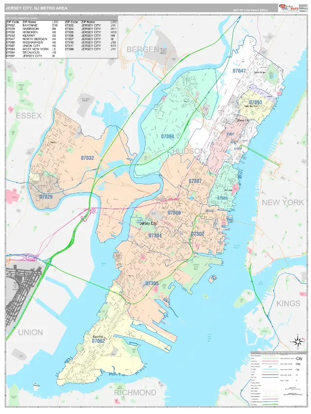 Jersey City Metro Area ZIP Code Wall Map, Classic style