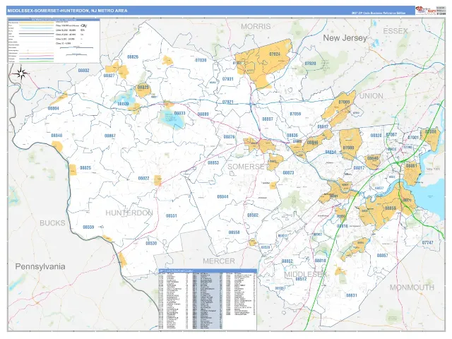 Middlesex-Somerset-Hunterdon Metro Area ZIP Code Wall Map, Business Reference style