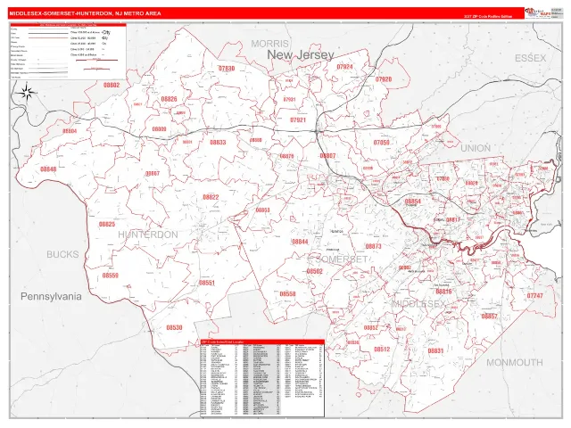 Middlesex-Somerset-Hunterdon Metro Area ZIP Code Wall Map, RedLine style