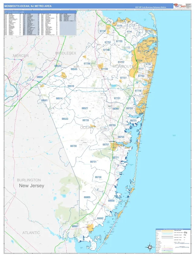 Monmouth-Ocean Metro Area ZIP Code Wall Map, Business Reference style