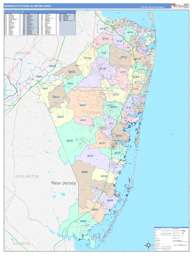 Monmouth-Ocean Metro Area ZIP Code Wall Map, ColorCast style