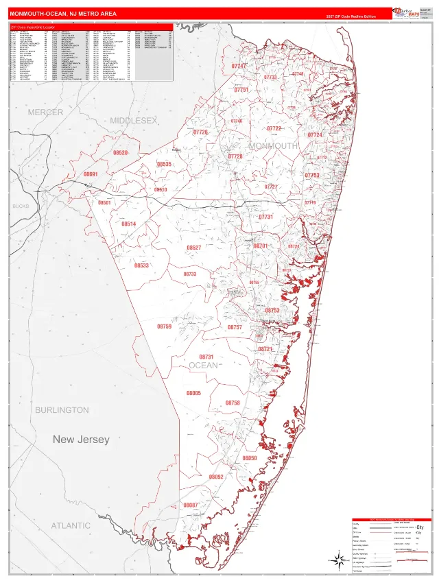 Monmouth-Ocean Metro Area ZIP Code Wall Map, RedLine style