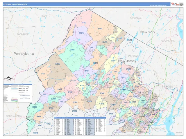 Newark Metro Area ZIP Code Wall Map, ColorCast style