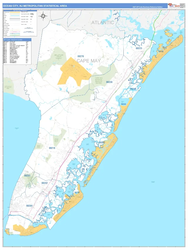 Ocean City Metro Area ZIP Code Wall Map, Business Reference style
