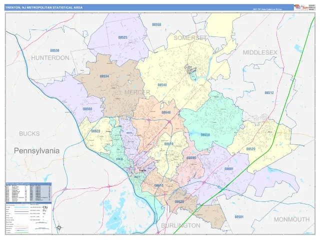 Trenton Metro Area ZIP Code Wall Map, ColorCast style