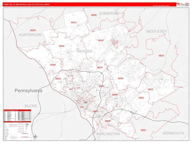 Trenton Metro Area ZIP Code Wall Map, RedLine style