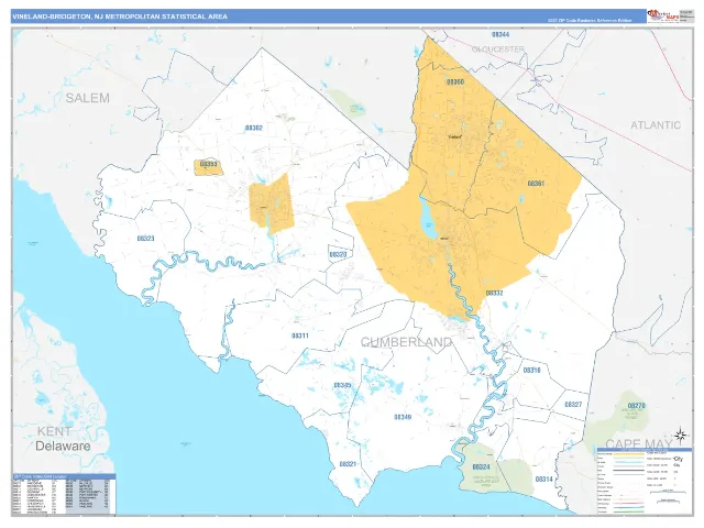 Vineland-Bridgeton Metro Area ZIP Code Wall Map, Business Reference style