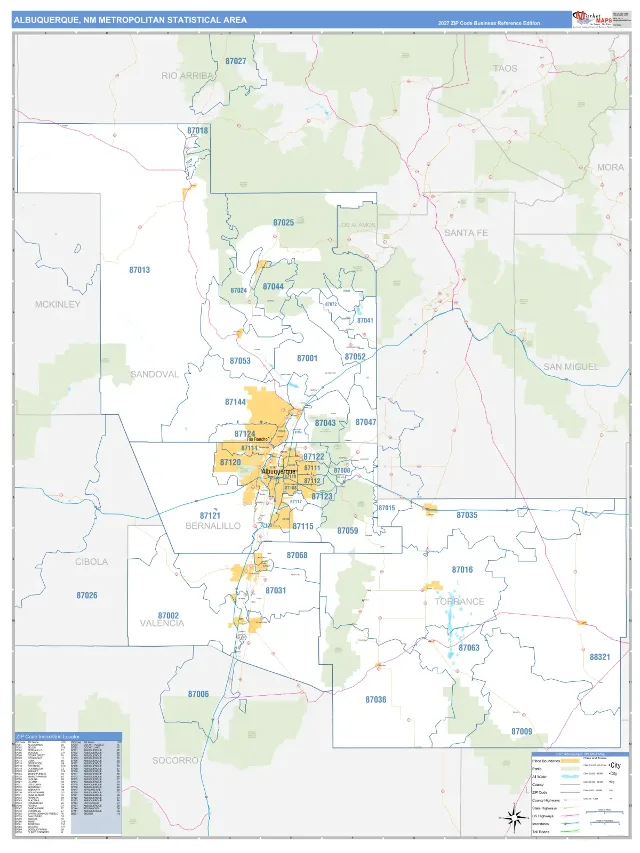 Albuquerque Metro Area ZIP Code Wall Map, Business Reference style