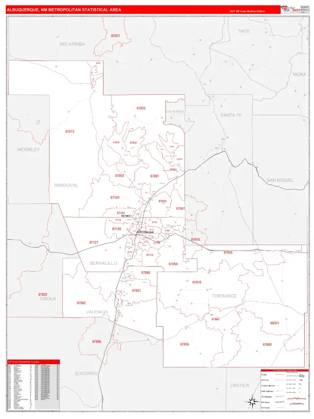 Albuquerque Metro Area ZIP Code Wall Map, RedLine style