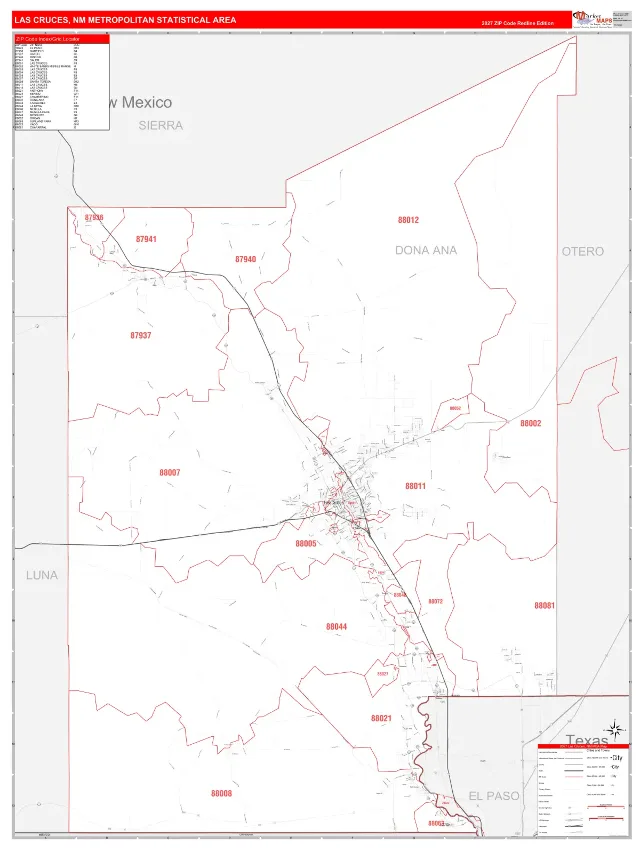 Las Cruces Metro Area ZIP Code Wall Map, RedLine style