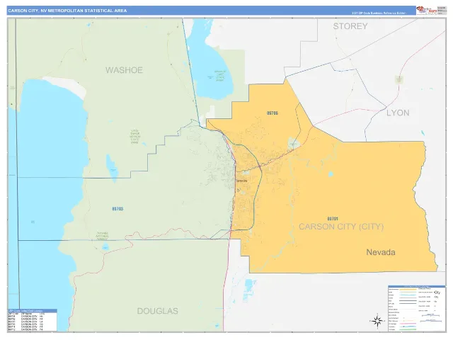 Carson City Metro Area ZIP Code Wall Map, Business Reference style
