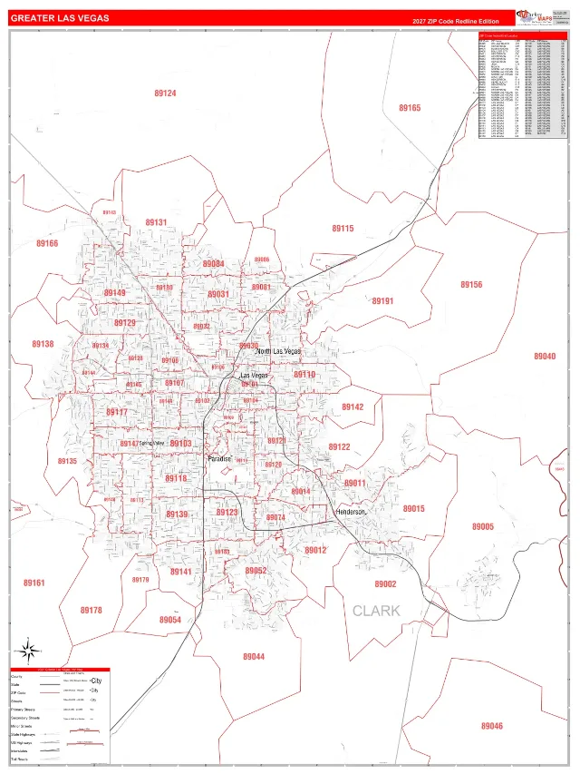 Greater Las Vegas Metro Area ZIP Code Wall Map, RedLine style
