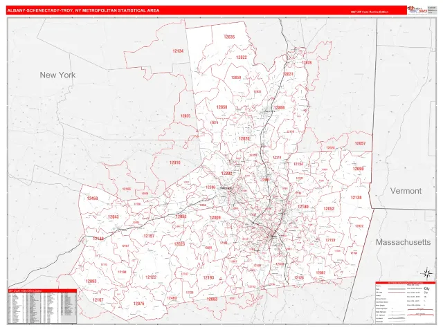 Albany-Schenectady-Troy Metro Area ZIP Code Wall Map, RedLine style