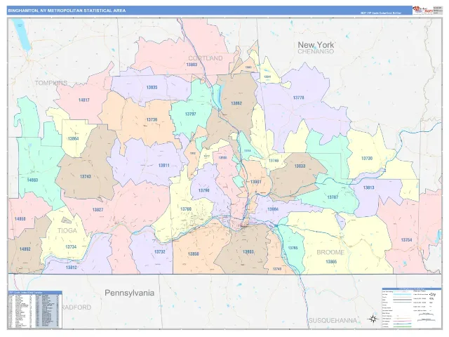 Binghamton Metro Area ZIP Code Wall Map, ColorCast style