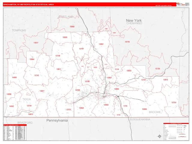 Binghamton Metro Area ZIP Code Wall Map, RedLine style