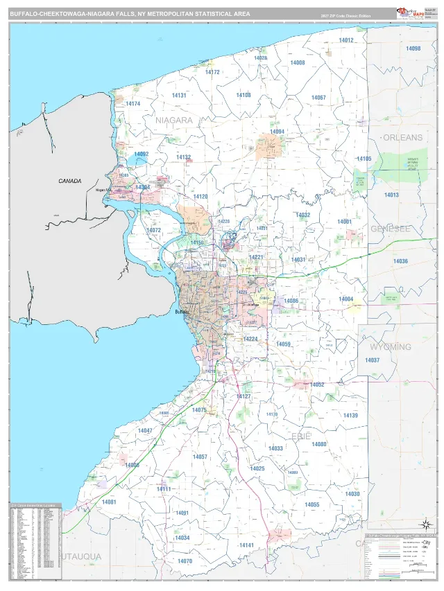 Buffalo-Cheektowaga-Niagara Falls Metro Area ZIP Code Wall Map, Classic style