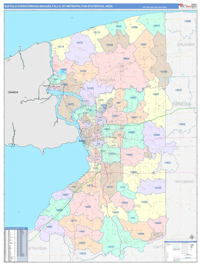 Buffalo-Cheektowaga-Niagara Falls Metro Area ZIP Code Wall Map, ColorCast style