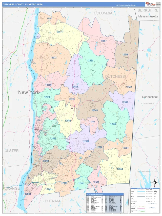 Dutchess County Metro Area ZIP Code Wall Map, ColorCast style