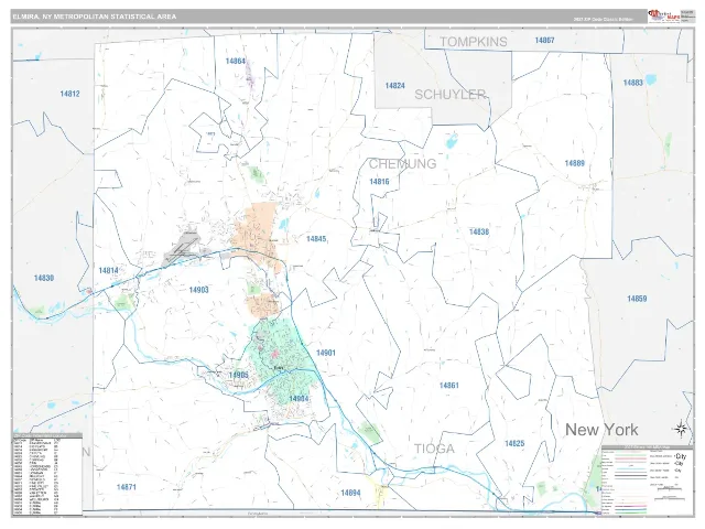 Elmira Metro Area ZIP Code Wall Map, Classic style