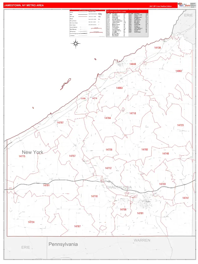 Jamestown Metro Area ZIP Code Wall Map, RedLine style