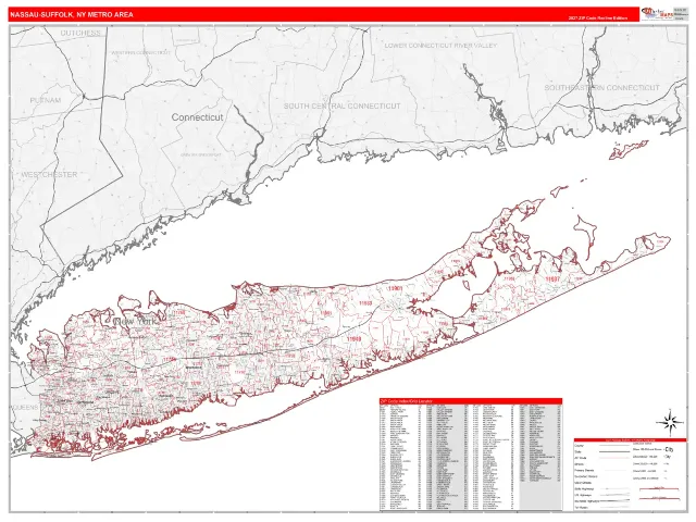 Nassau-Suffolk Metro Area ZIP Code Wall Map, RedLine style