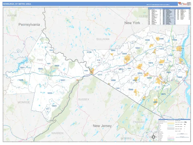 Newburgh Metro Area ZIP Code Wall Map, Business Reference style