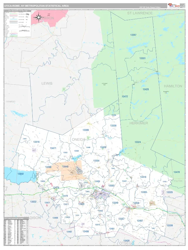 Utica-Rome Metro Area ZIP Code Wall Map, Classic style