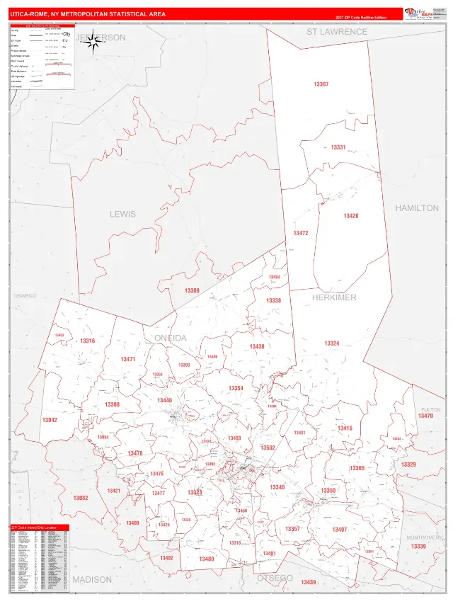 Utica-Rome Metro Area ZIP Code Wall Map, RedLine style