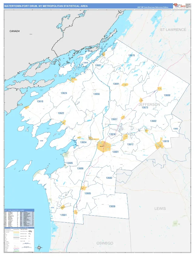 Watertown-Fort Drum Metro Area ZIP Code Wall Map, Business Reference style