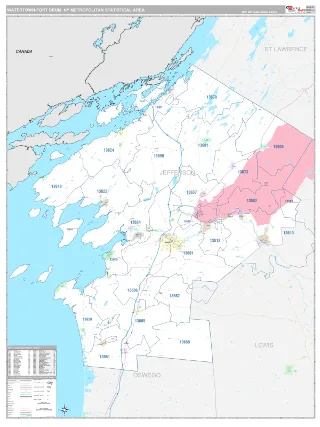 Watertown-Fort Drum Metro Area Classic style ZIP Code wall map