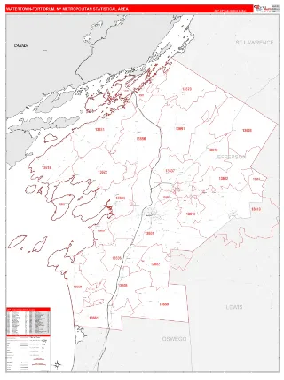 Watertown-Fort Drum Metro Area RedLine style ZIP Code wall map