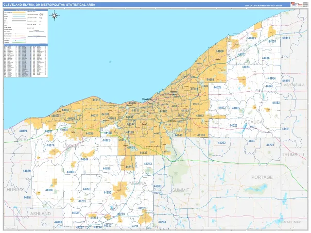 Cleveland-Elyria Metro Area ZIP Code Wall Map, Business Reference style