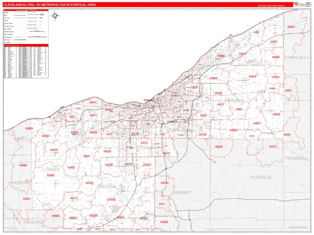 Cleveland-Elyria Metro Area ZIP Code Wall Map, RedLine style