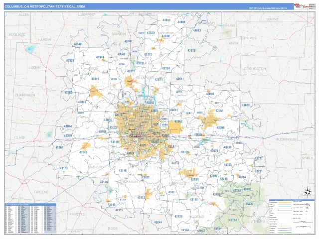 Columbus Metro Area ZIP Code Wall Map, Business Reference style