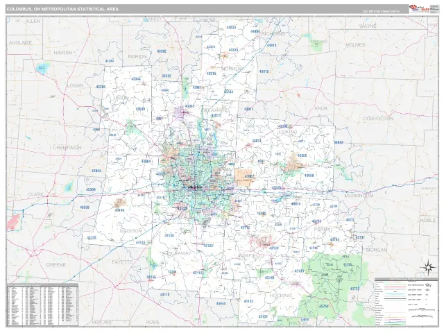 Columbus Metro Area ZIP Code Wall Map, Classic style