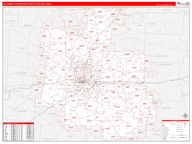 Columbus Metro Area ZIP Code Wall Map, RedLine style
