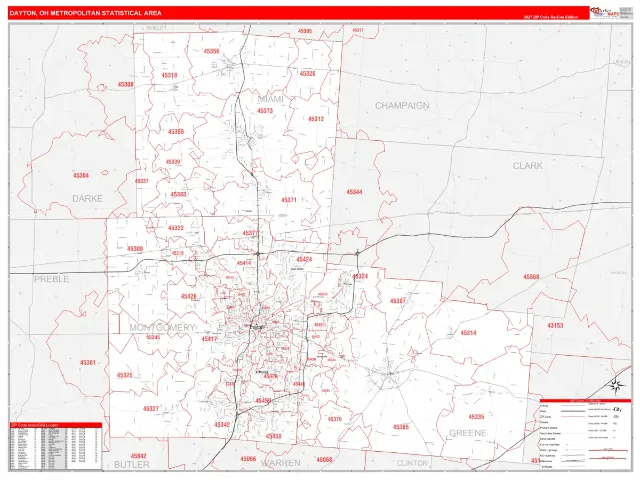 Dayton Metro Area ZIP Code Wall Map, RedLine style