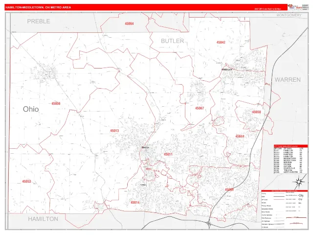 Hamilton-Middletown Metro Area ZIP Code Wall Map, RedLine style