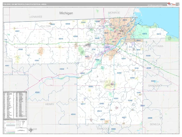 Toledo Metro Area ZIP Code Wall Map, Classic style
