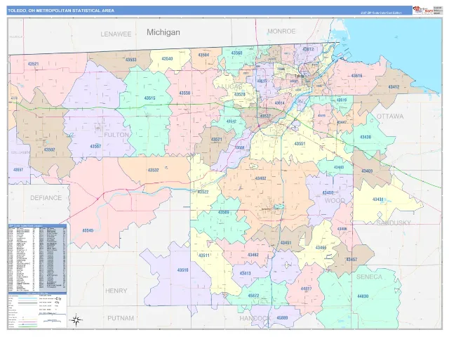 Toledo Metro Area ZIP Code Wall Map, ColorCast style