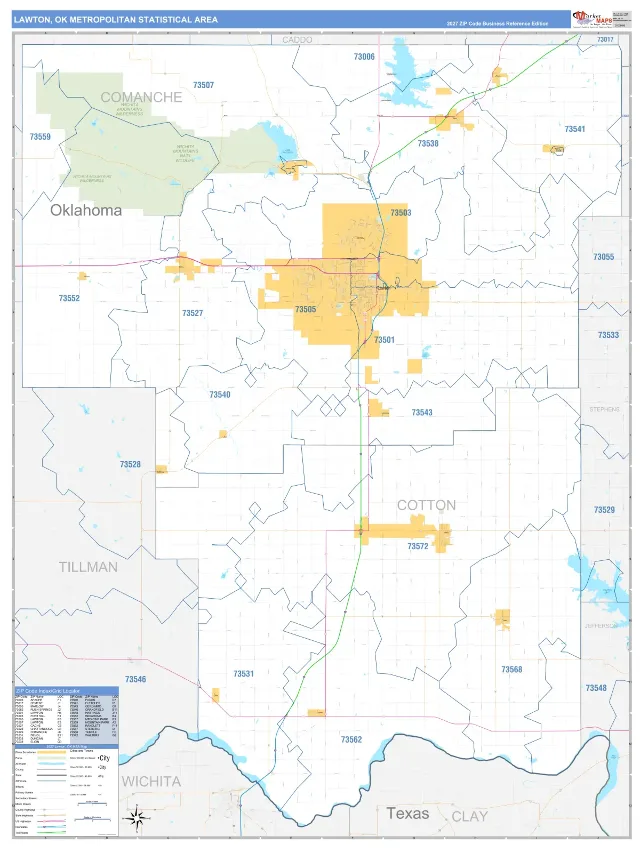 Lawton Metro Area ZIP Code Wall Map, Business Reference style