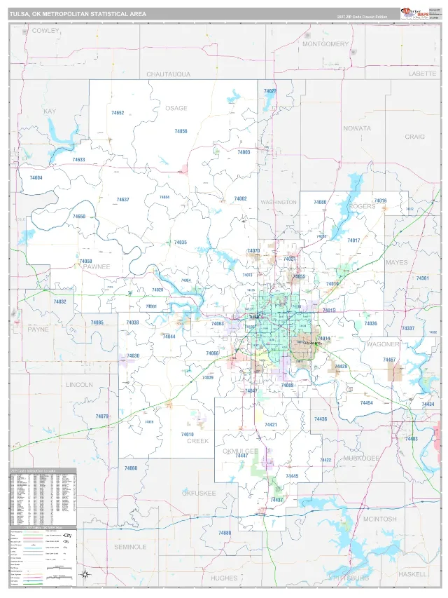 Tulsa Metro Area ZIP Code Wall Map, Classic style