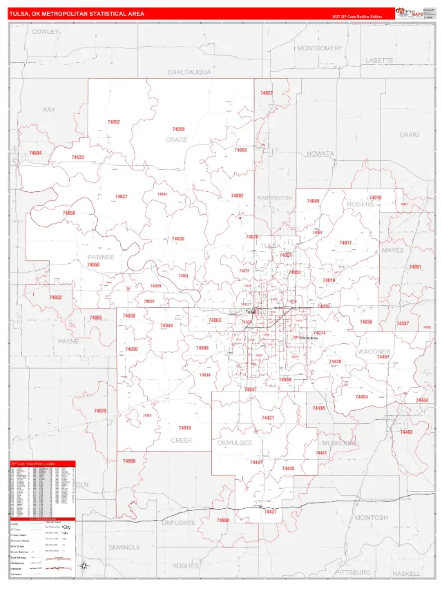 Tulsa Metro Area ZIP Code Wall Map, RedLine style