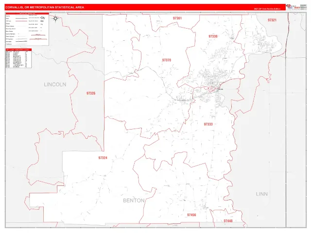 Corvallis Metro Area ZIP Code Wall Map, RedLine style