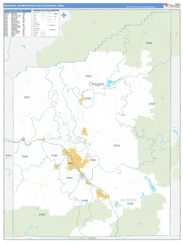 Medford Metro Area ZIP Code Wall Map, Business Reference style