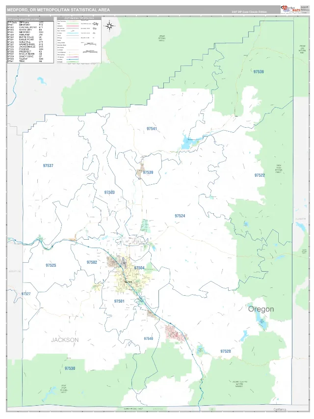 Medford Metro Area ZIP Code Wall Map, Classic style