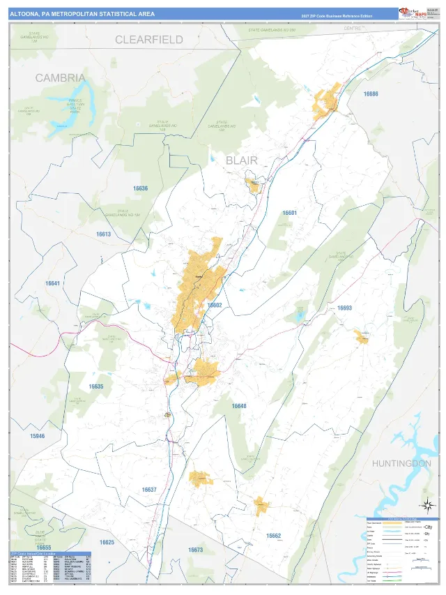 Altoona Metro Area ZIP Code Wall Map, Business Reference style